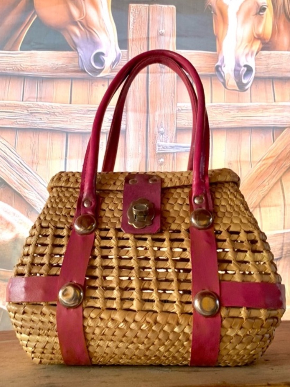 Vintage Woven Straw Basket Handbag Tan and Rose Pink Leather Accents